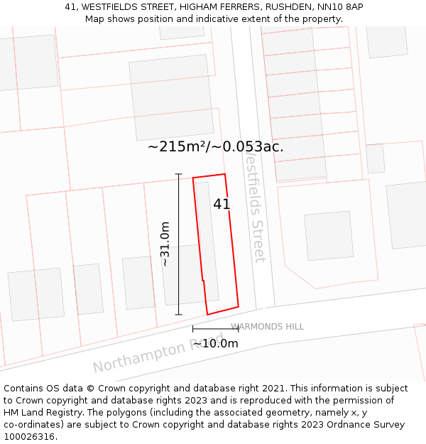 41, WESTFIELDS STREET, HIGHAM FERRERS, RUSHDEN, NN10 8AP: Plot and title map