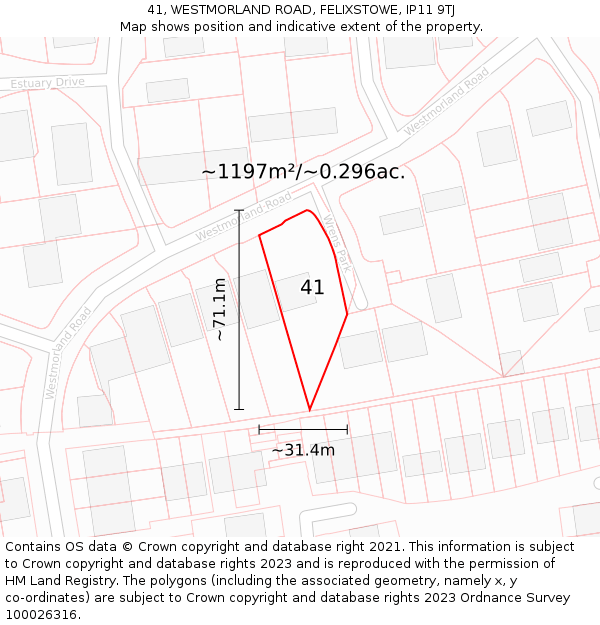 41, WESTMORLAND ROAD, FELIXSTOWE, IP11 9TJ: Plot and title map