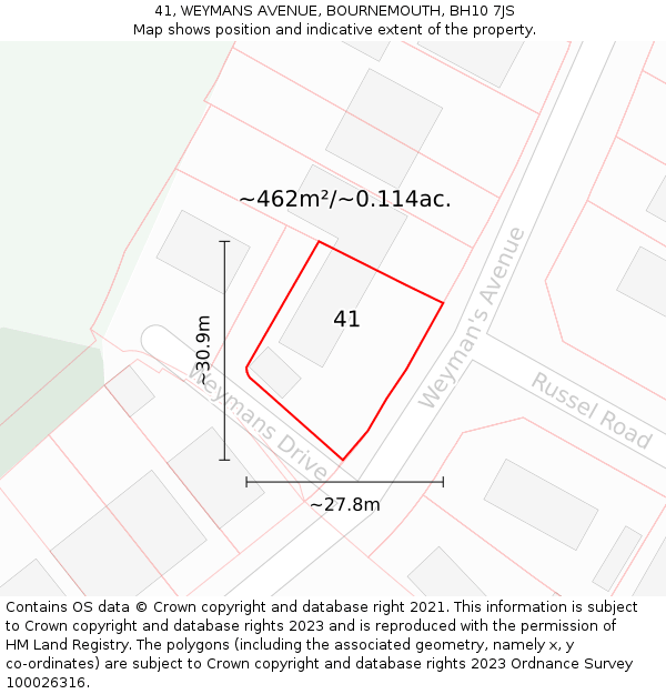 41, WEYMANS AVENUE, BOURNEMOUTH, BH10 7JS: Plot and title map