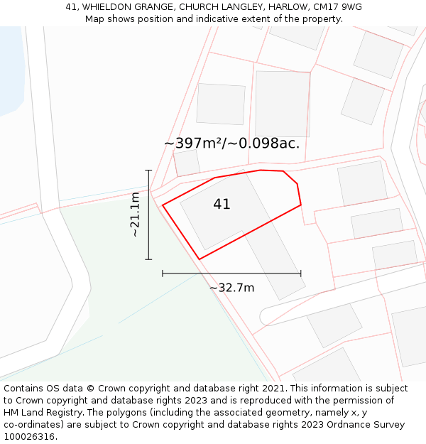 41, WHIELDON GRANGE, CHURCH LANGLEY, HARLOW, CM17 9WG: Plot and title map