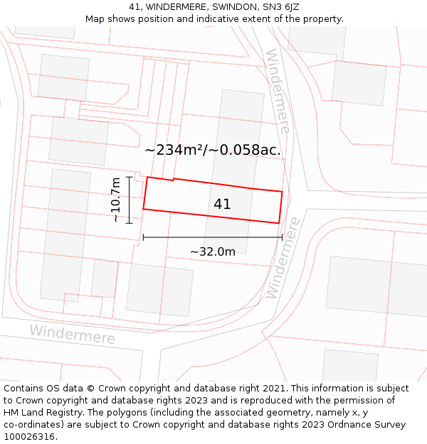 41, WINDERMERE, SWINDON, SN3 6JZ: Plot and title map