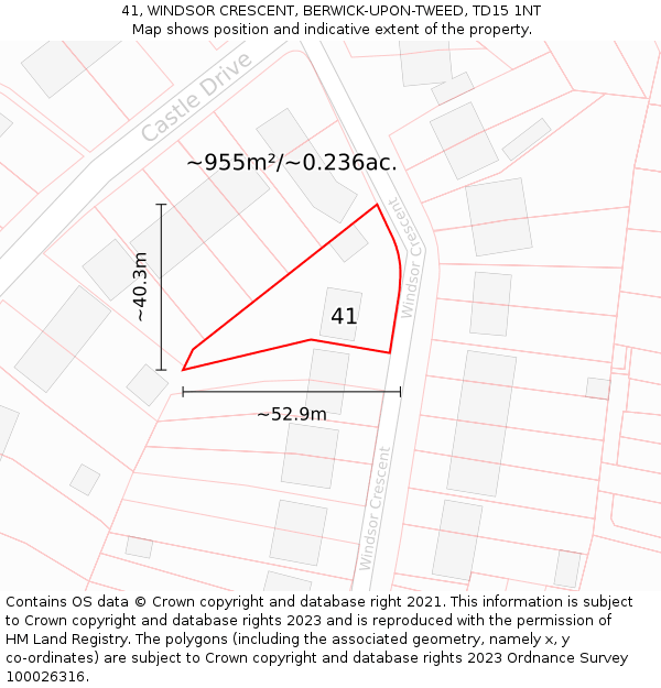 41, WINDSOR CRESCENT, BERWICK-UPON-TWEED, TD15 1NT: Plot and title map