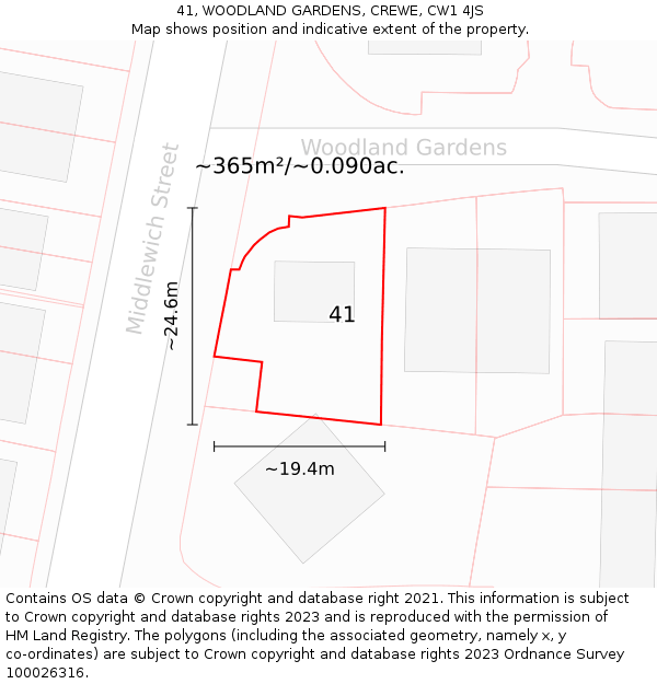 41, WOODLAND GARDENS, CREWE, CW1 4JS: Plot and title map