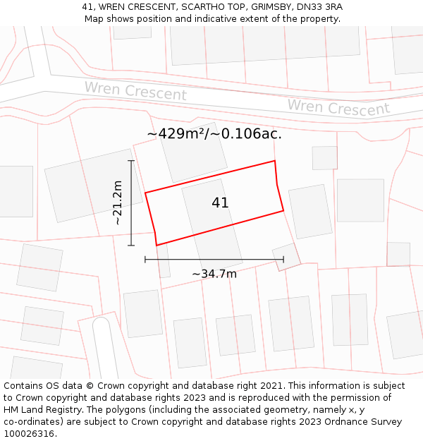 41, WREN CRESCENT, SCARTHO TOP, GRIMSBY, DN33 3RA: Plot and title map