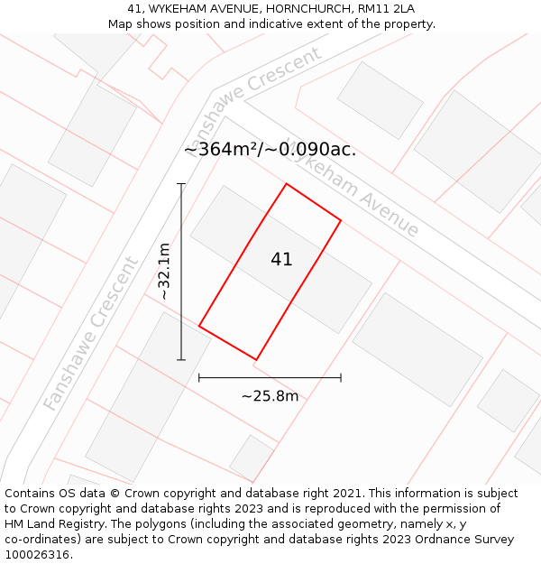 41, WYKEHAM AVENUE, HORNCHURCH, RM11 2LA: Plot and title map