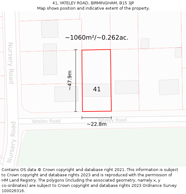 41, YATELEY ROAD, BIRMINGHAM, B15 3JP: Plot and title map