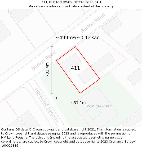 411, BURTON ROAD, DERBY, DE23 6AN: Plot and title map