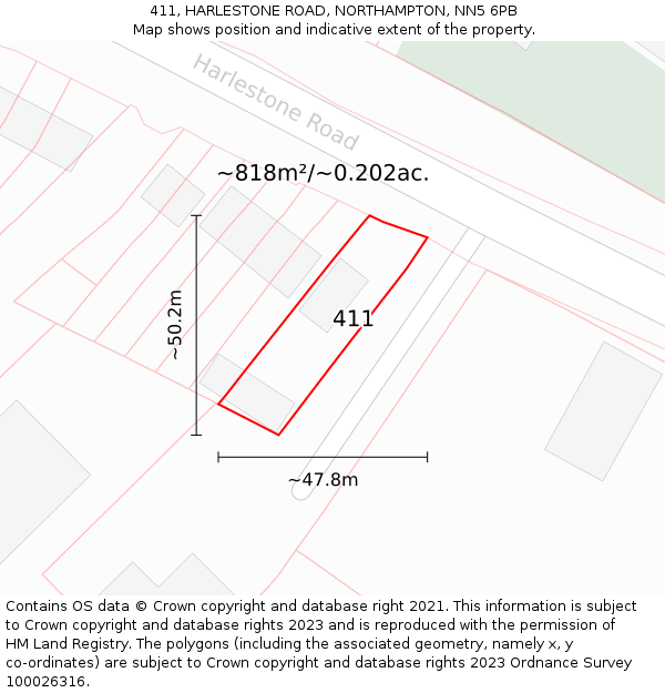 411, HARLESTONE ROAD, NORTHAMPTON, NN5 6PB: Plot and title map