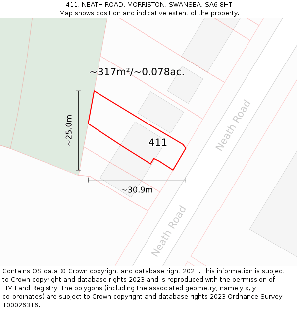 411, NEATH ROAD, MORRISTON, SWANSEA, SA6 8HT: Plot and title map