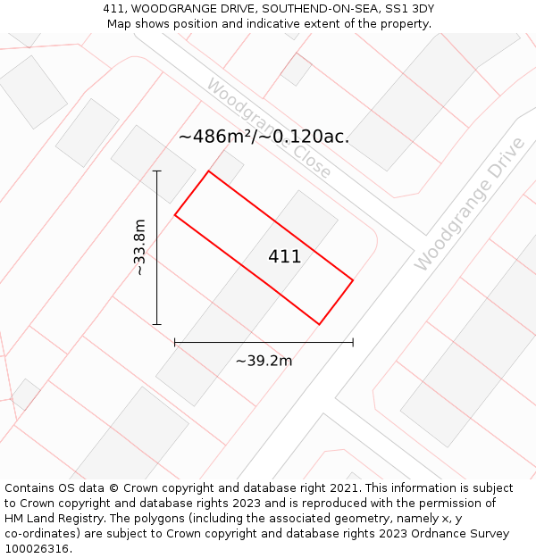 411, WOODGRANGE DRIVE, SOUTHEND-ON-SEA, SS1 3DY: Plot and title map