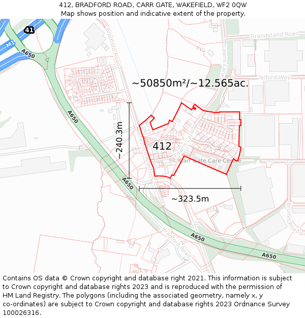 412, BRADFORD ROAD, CARR GATE, WAKEFIELD, WF2 0QW: Plot and title map