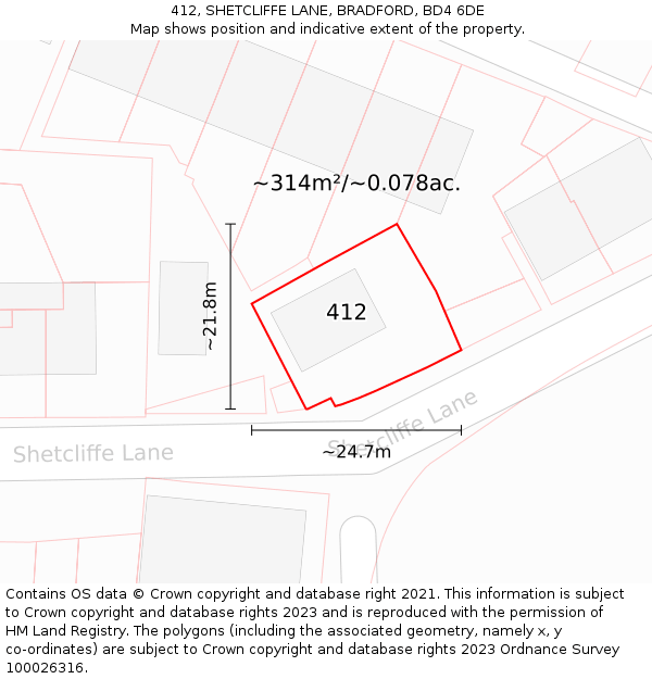 412, SHETCLIFFE LANE, BRADFORD, BD4 6DE: Plot and title map