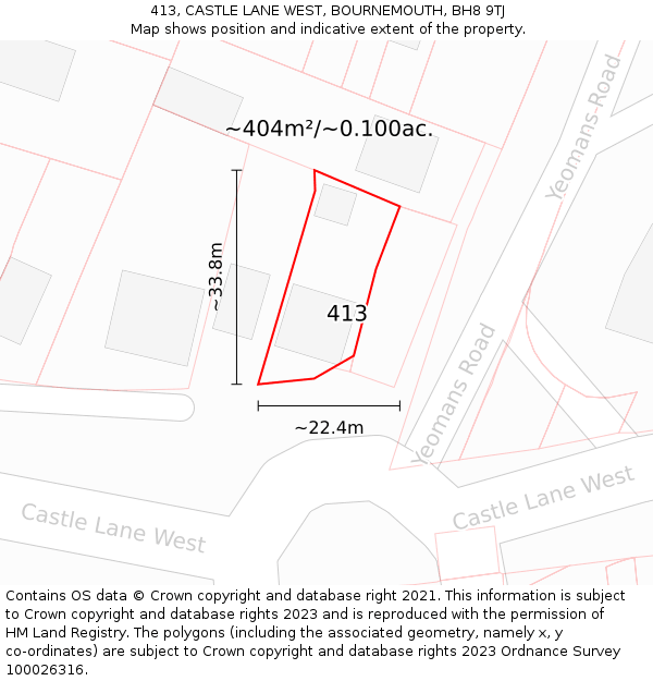 413, CASTLE LANE WEST, BOURNEMOUTH, BH8 9TJ: Plot and title map