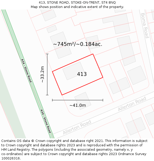 413, STONE ROAD, STOKE-ON-TRENT, ST4 8NQ: Plot and title map