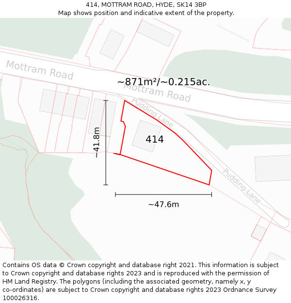 414, MOTTRAM ROAD, HYDE, SK14 3BP: Plot and title map