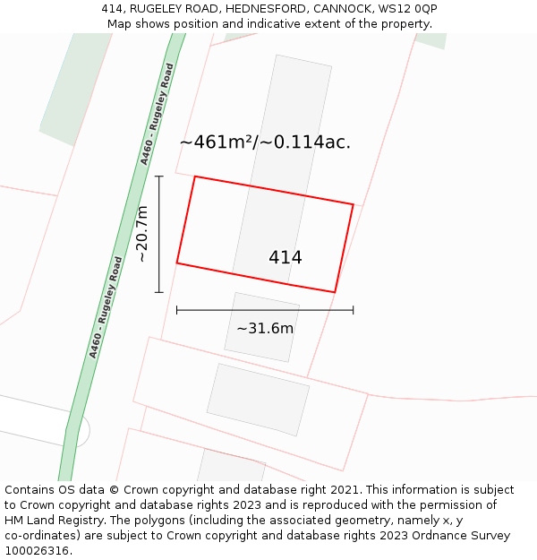 414, RUGELEY ROAD, HEDNESFORD, CANNOCK, WS12 0QP: Plot and title map