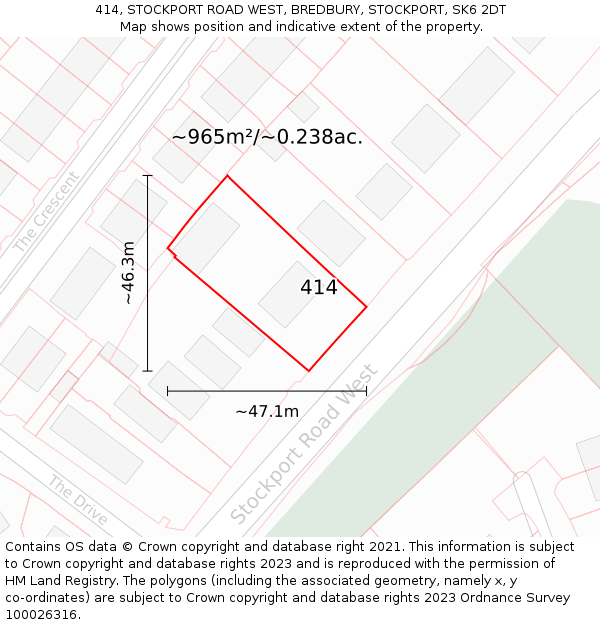 414, STOCKPORT ROAD WEST, BREDBURY, STOCKPORT, SK6 2DT: Plot and title map