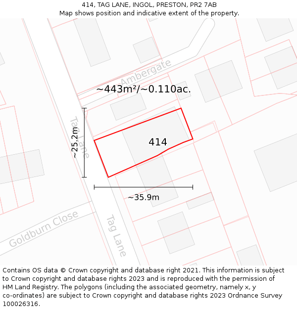 414, TAG LANE, INGOL, PRESTON, PR2 7AB: Plot and title map