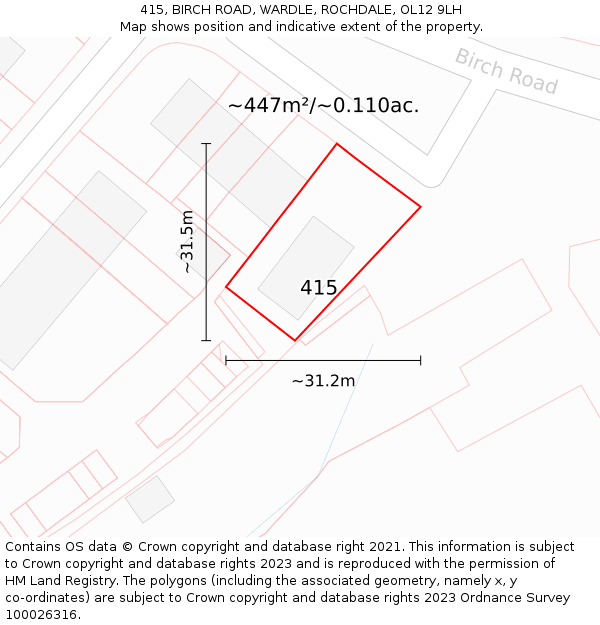 415, BIRCH ROAD, WARDLE, ROCHDALE, OL12 9LH: Plot and title map