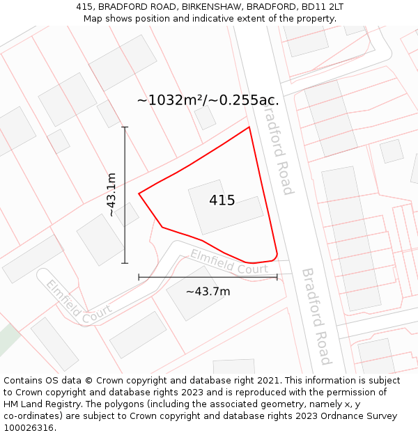 415, BRADFORD ROAD, BIRKENSHAW, BRADFORD, BD11 2LT: Plot and title map