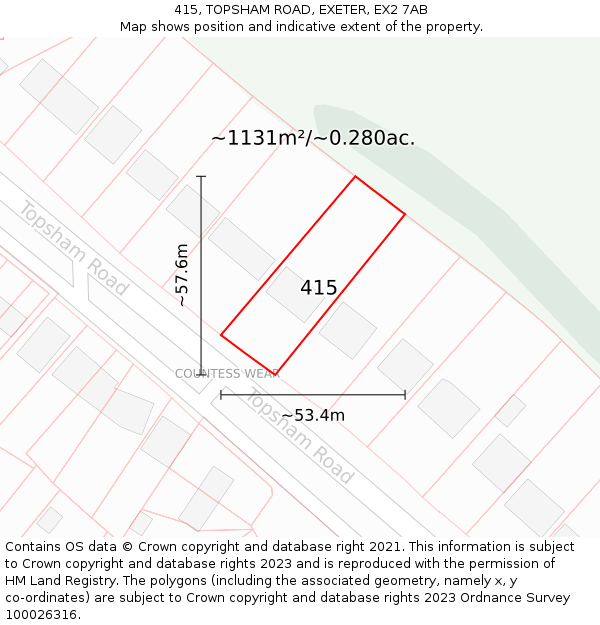 415, TOPSHAM ROAD, EXETER, EX2 7AB: Plot and title map