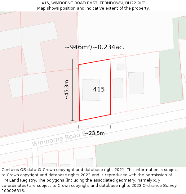 415, WIMBORNE ROAD EAST, FERNDOWN, BH22 9LZ: Plot and title map