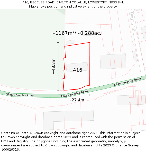 416, BECCLES ROAD, CARLTON COLVILLE, LOWESTOFT, NR33 8HL: Plot and title map