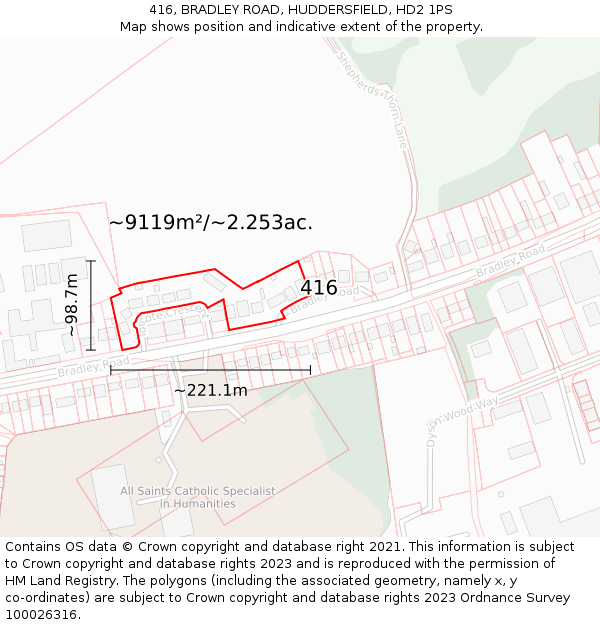 416, BRADLEY ROAD, HUDDERSFIELD, HD2 1PS: Plot and title map