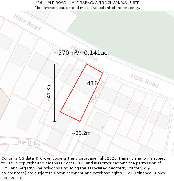 416, HALE ROAD, HALE BARNS, ALTRINCHAM, WA15 8TF: Plot and title map