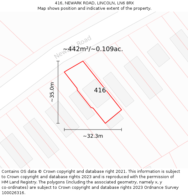 416, NEWARK ROAD, LINCOLN, LN6 8RX: Plot and title map