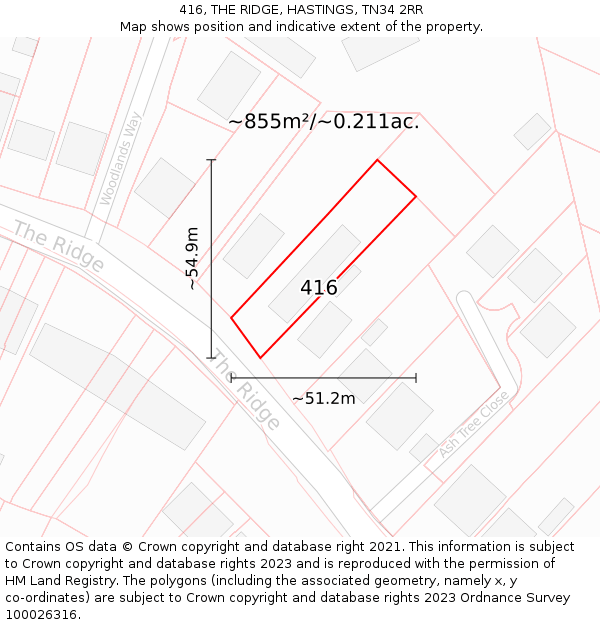 416, THE RIDGE, HASTINGS, TN34 2RR: Plot and title map