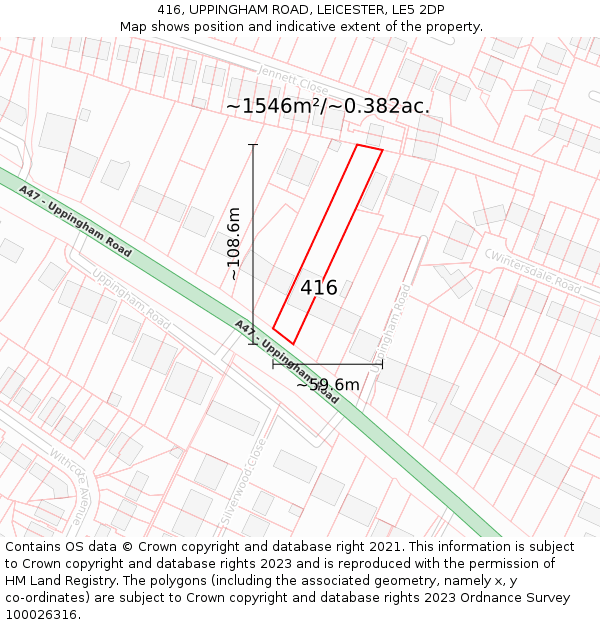 416, UPPINGHAM ROAD, LEICESTER, LE5 2DP: Plot and title map