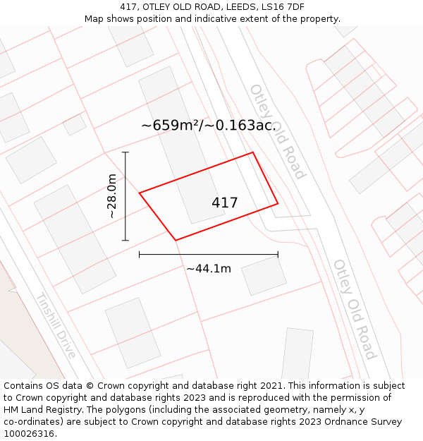 417, OTLEY OLD ROAD, LEEDS, LS16 7DF: Plot and title map