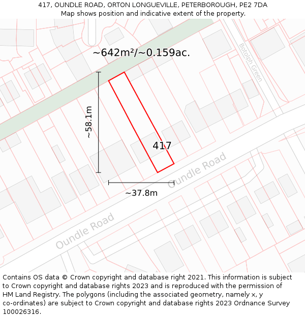 417, OUNDLE ROAD, ORTON LONGUEVILLE, PETERBOROUGH, PE2 7DA: Plot and title map