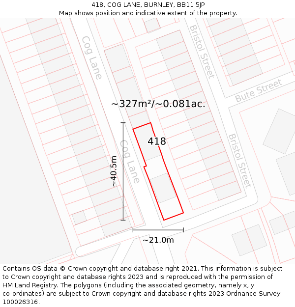 418, COG LANE, BURNLEY, BB11 5JP: Plot and title map