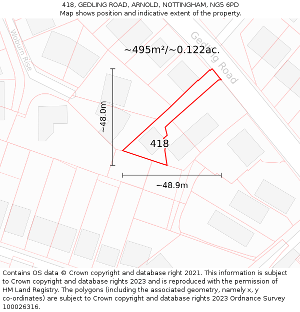 418, GEDLING ROAD, ARNOLD, NOTTINGHAM, NG5 6PD: Plot and title map