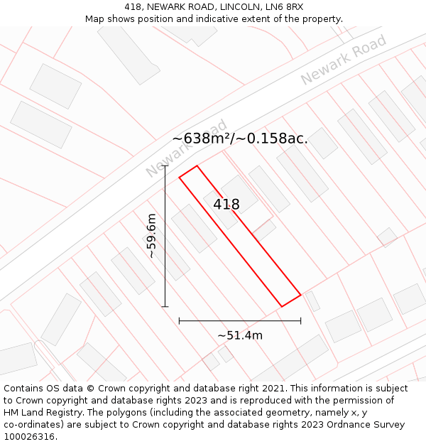 418, NEWARK ROAD, LINCOLN, LN6 8RX: Plot and title map