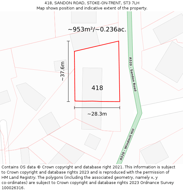 418, SANDON ROAD, STOKE-ON-TRENT, ST3 7LH: Plot and title map