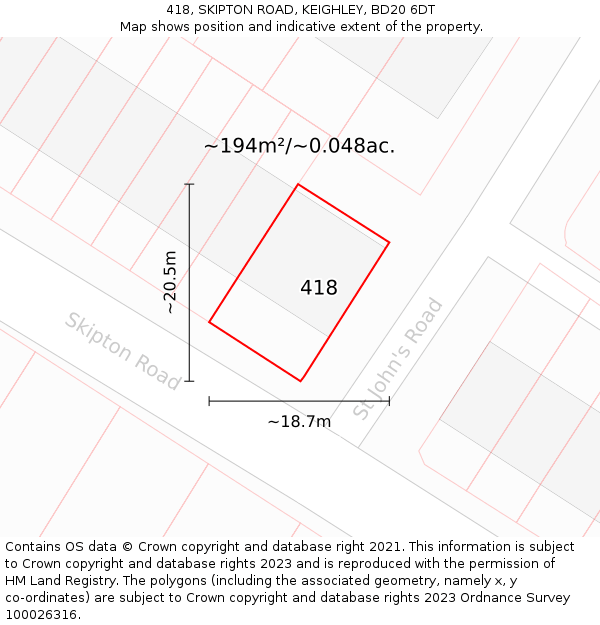 418, SKIPTON ROAD, KEIGHLEY, BD20 6DT: Plot and title map