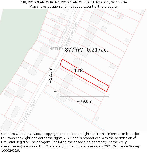 418, WOODLANDS ROAD, WOODLANDS, SOUTHAMPTON, SO40 7GA: Plot and title map