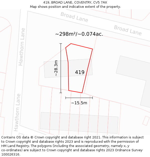 419, BROAD LANE, COVENTRY, CV5 7AX: Plot and title map