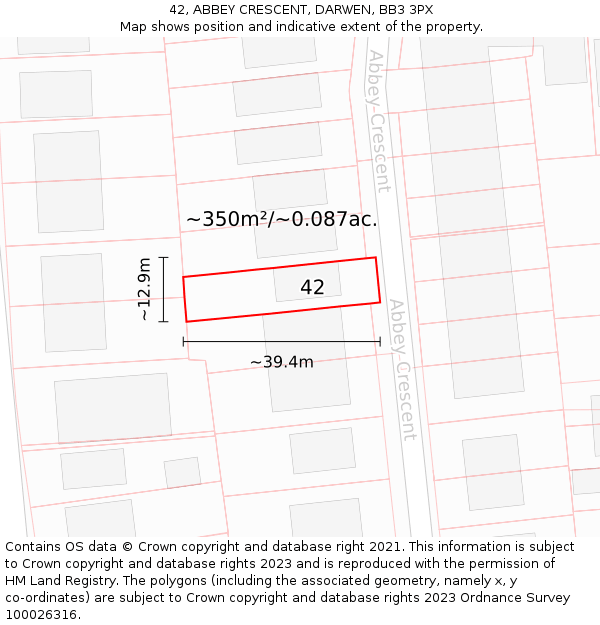 42, ABBEY CRESCENT, DARWEN, BB3 3PX: Plot and title map