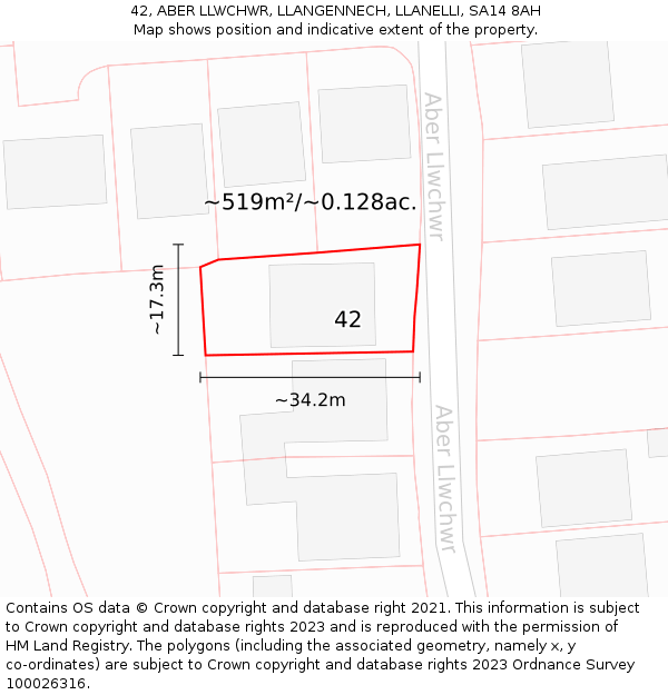 42, ABER LLWCHWR, LLANGENNECH, LLANELLI, SA14 8AH: Plot and title map