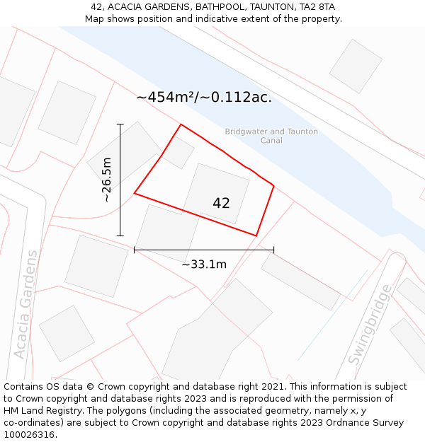 42, ACACIA GARDENS, BATHPOOL, TAUNTON, TA2 8TA: Plot and title map