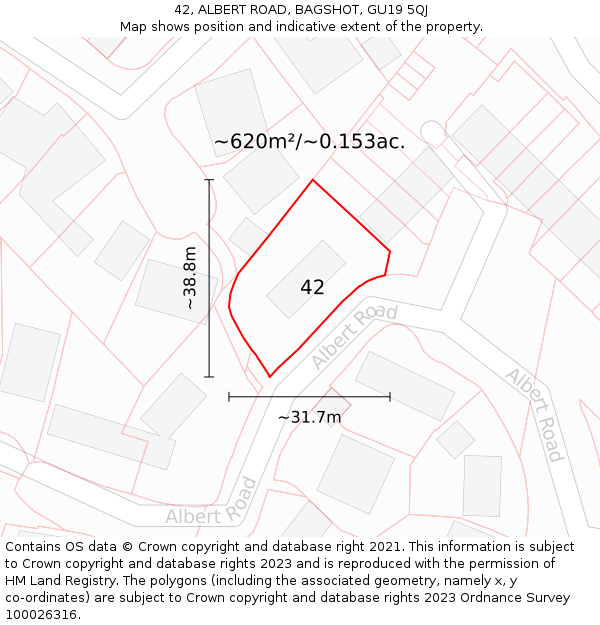 42, ALBERT ROAD, BAGSHOT, GU19 5QJ: Plot and title map