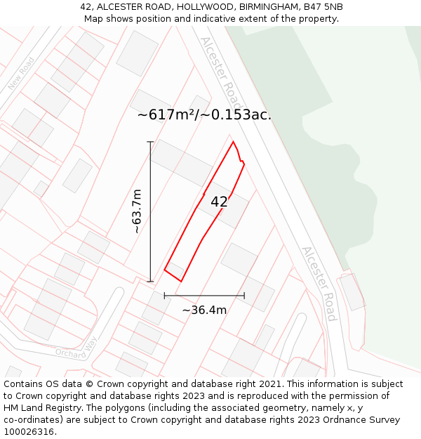 42, ALCESTER ROAD, HOLLYWOOD, BIRMINGHAM, B47 5NB: Plot and title map