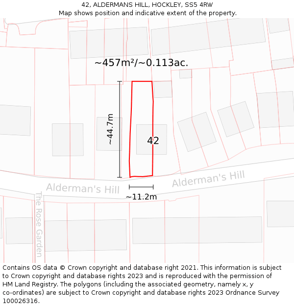 42, ALDERMANS HILL, HOCKLEY, SS5 4RW: Plot and title map