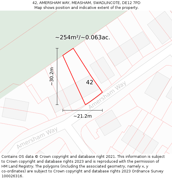 42, AMERSHAM WAY, MEASHAM, SWADLINCOTE, DE12 7PD: Plot and title map