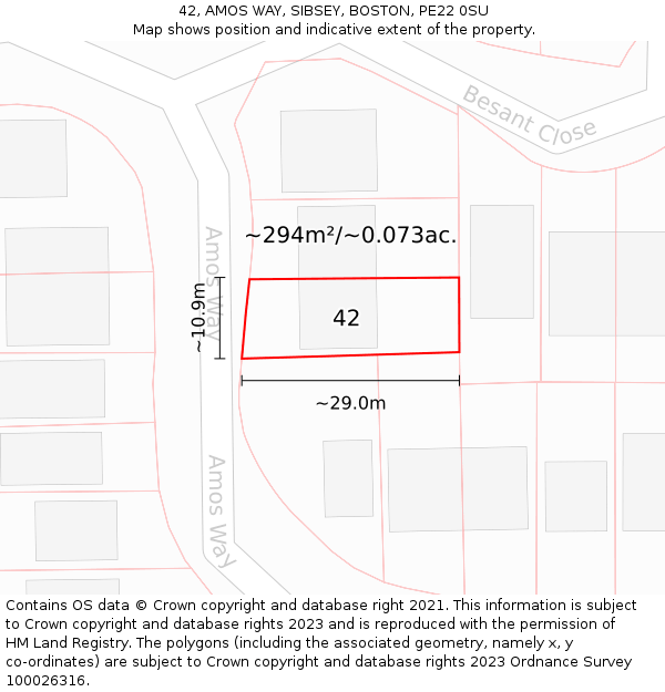 42, AMOS WAY, SIBSEY, BOSTON, PE22 0SU: Plot and title map