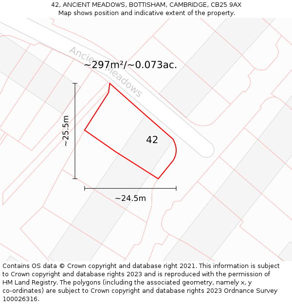 42, ANCIENT MEADOWS, BOTTISHAM, CAMBRIDGE, CB25 9AX: Plot and title map